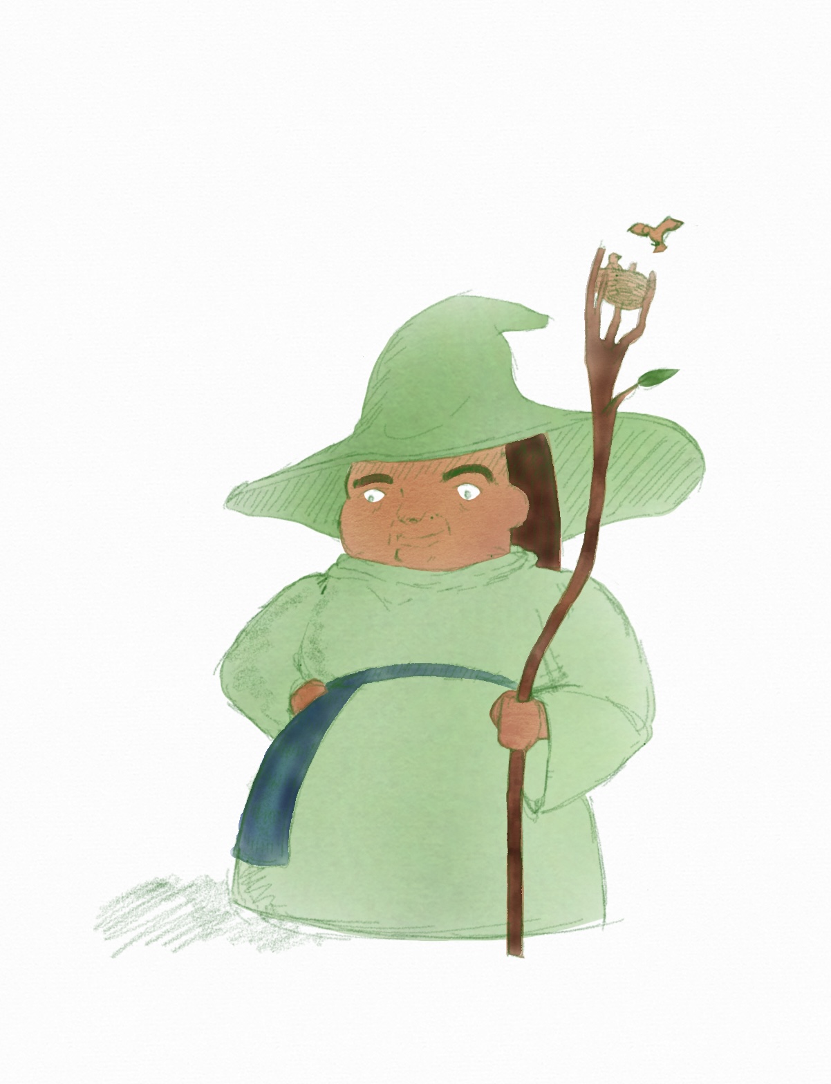 A short older woman in simple green robe and large witches hat carries a staff with a bird’s nest at its peak.